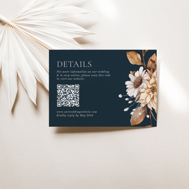 Dark Brown & Terracotta Floral Boho Navy QR Code Enclosure Card (Creator Uploaded)