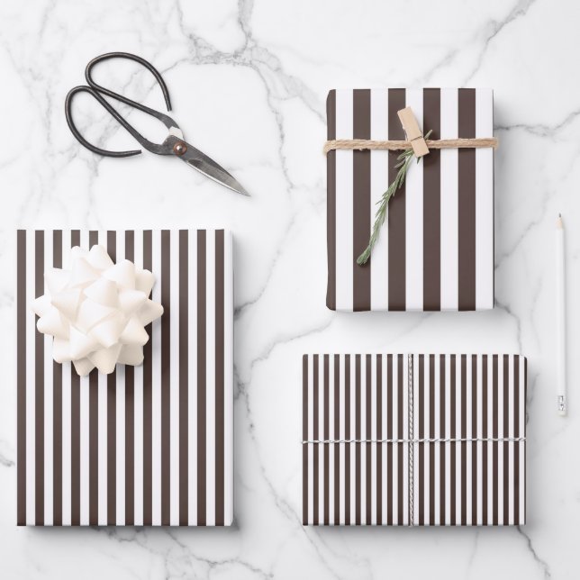 Dark Brown & White Stripes Wrapping Paper Sheet (Front)
