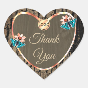 Dark Brown Wood Cute Butterflies Thank You Logo Heart Sticker