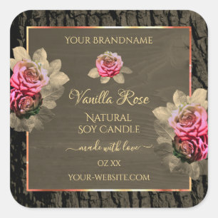 Dark Brown Wood Grain Pink Roses Product Labels