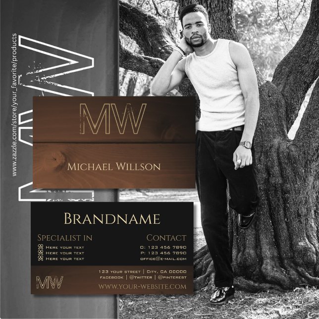 Dark Brown Wood Grain Wooden Boards Monogram Cool  Business Card (Creator Uploaded)