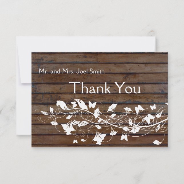 Dark Brown Wood Look White Floral  thank you card (Front)