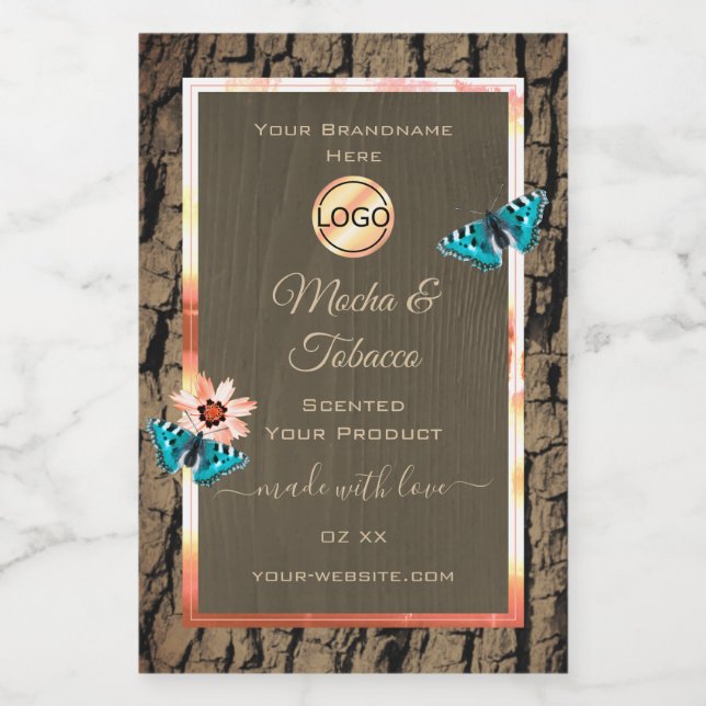 Dark Brown Wood Product Label Butterflies and Logo (Single Label)