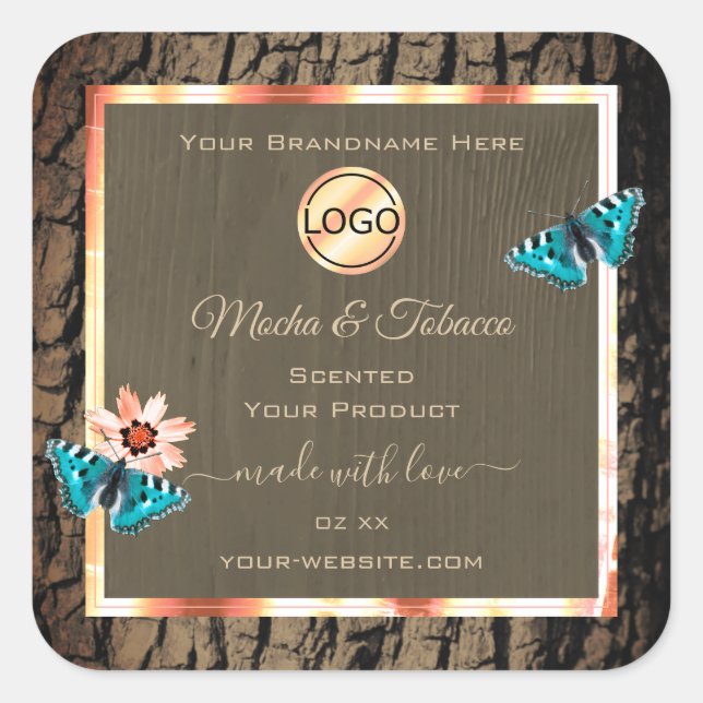 Dark Brown Wood Product Label Butterflies and Logo (Front)