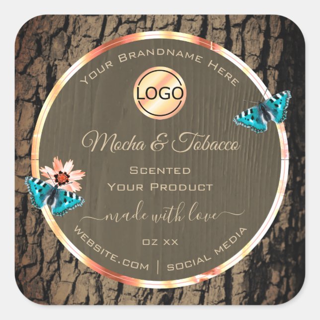 Dark Brown Wood Product Label Butterflies and Logo (Front)