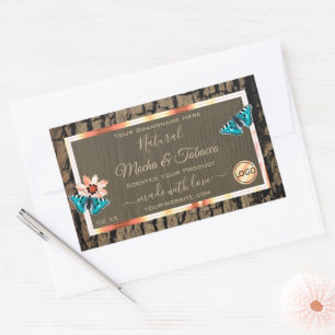 Dark Brown Wood Product Label Butterflies and Logo