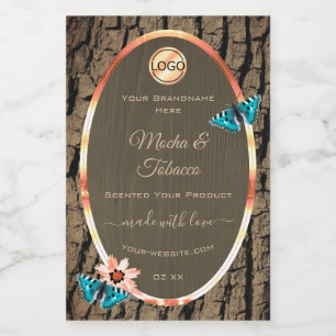 Dark Brown Wood Product Label Butterflies and Logo