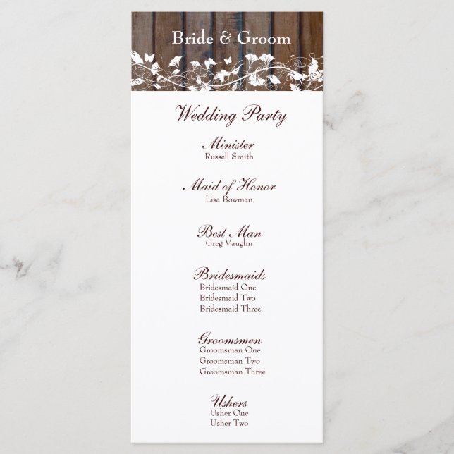 Dark Brown Wood, White Floral Wedding Program Programme (Front)