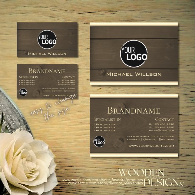 Dark Brown Wooden Boards Wood Grain Look add Logo Business Card (Creator Uploaded)