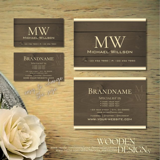 Dark Brown Wooden Boards Wood Grain Look Monogram Business Card (Creator Uploaded)