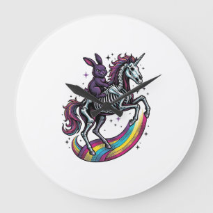 Dark Bunny Riding Skeleton Unicorn Vintage Engravi Large Clock