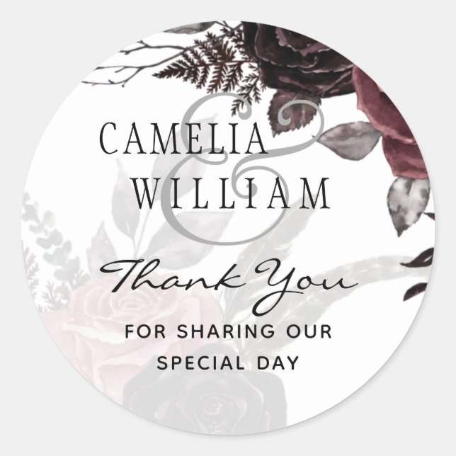 Dark Burgundy Black Roses Wedding Fall Winter Classic Round Sticker (Front)