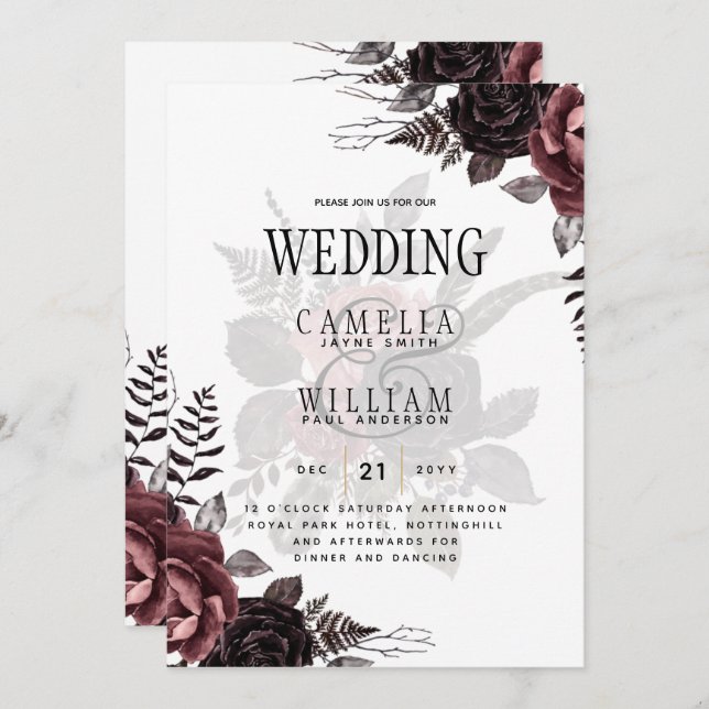 Dark Burgundy Black Roses Wedding Fall Winter Invitation (Front/Back)