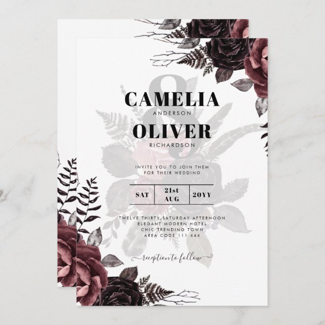 Dark Burgundy Black Roses Wedding Fall Winter Invitation (Front/Back)