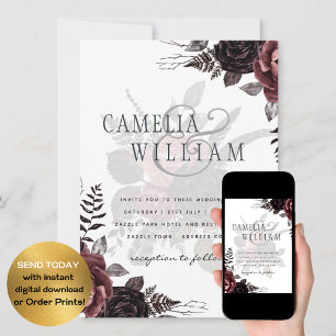 Dark Burgundy Black Roses Wedding Fall Winter Invitation
