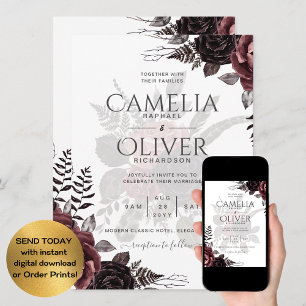 Dark Burgundy Black Roses Wedding Fall Winter Invitation