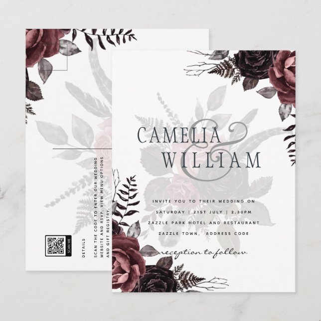 Dark Burgundy Black Roses Wedding Fall Winter Postcard (Front/Back)