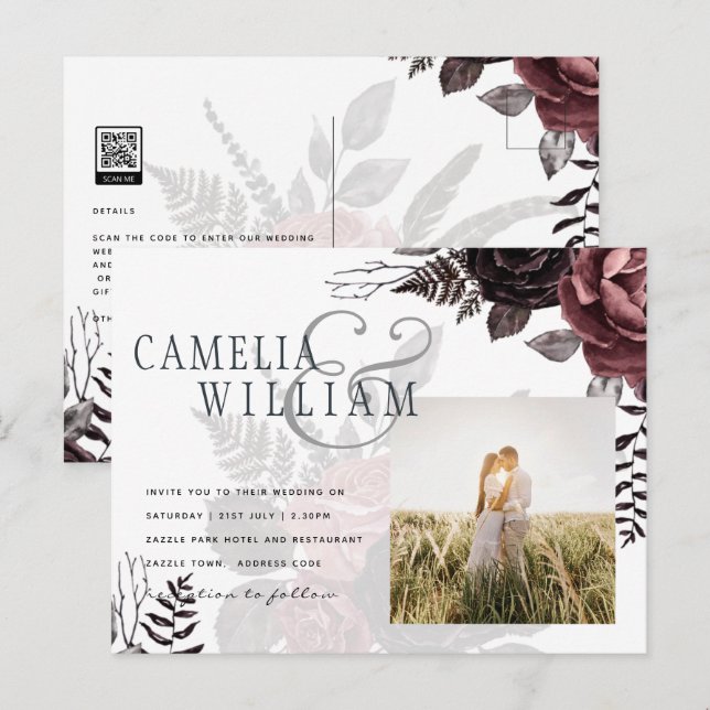 Dark Burgundy Black Roses Wedding Fall Winter Postcard (Front/Back)