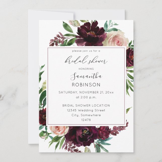 Dark Burgundy & Blush Pink Floral Bridal Shower SQ Invitation (Front)