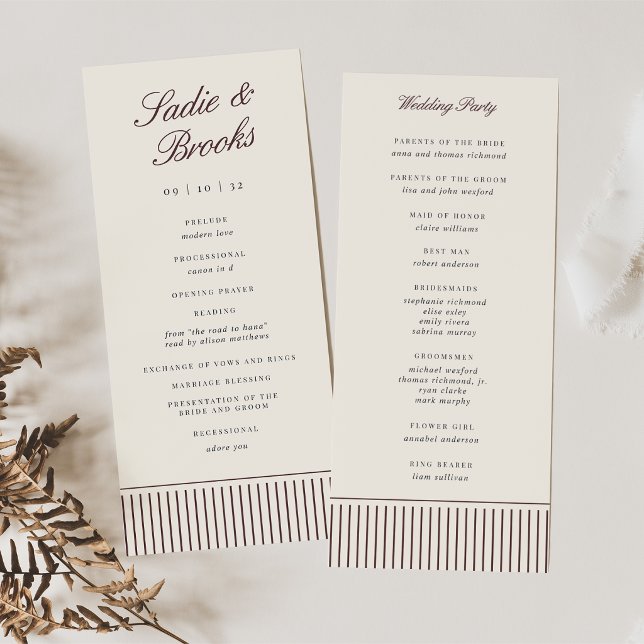 Dark Burgundy Classic Script Pinstripe Wedding Programme (Creator Uploaded)