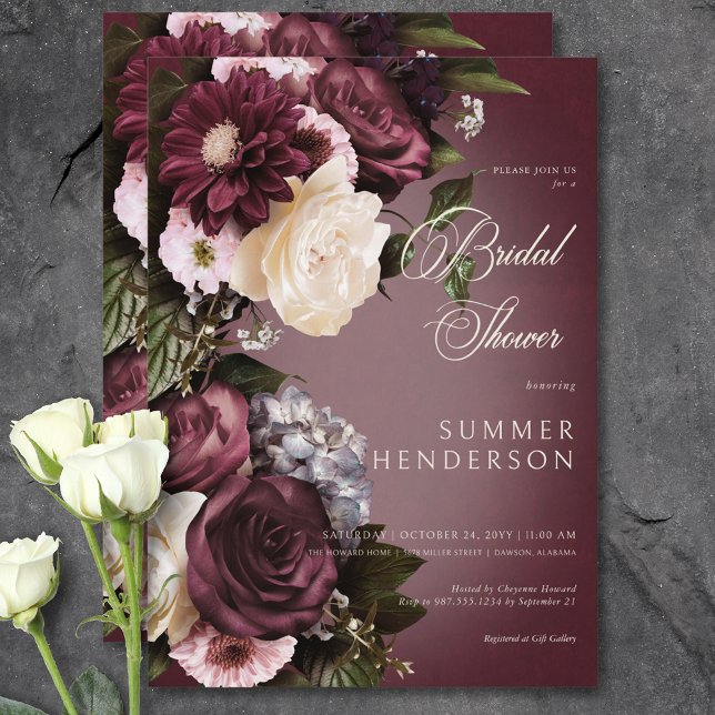 Dark Burgundy & Cream Blur Floral Bridal Shower Invitation (Dark Burgundy & Cream Blur Floral Bridal Shower Invitation)