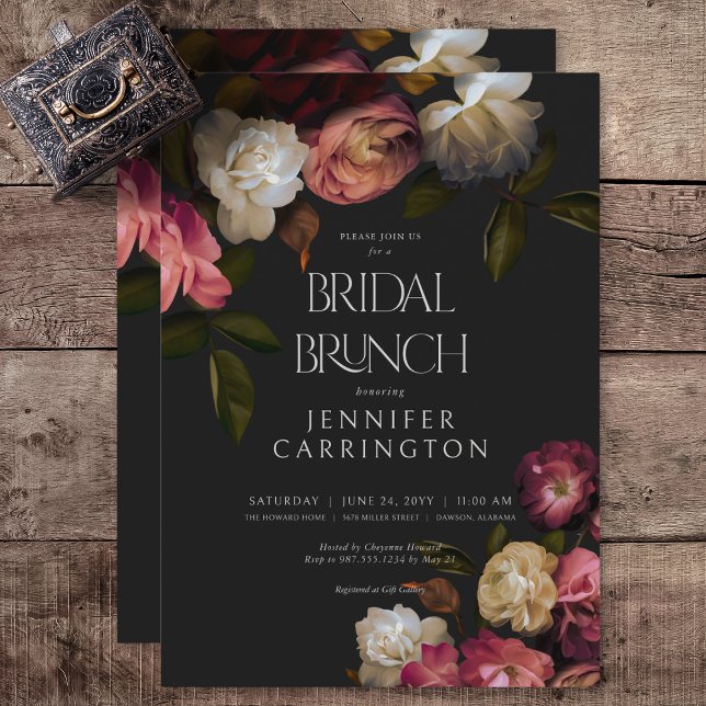 Dark Burgundy & Cream Peonies Black Bridal Brunch Invitation (Dark Burgundy & Cream Peonies Black Bridal Brunch Invitation)