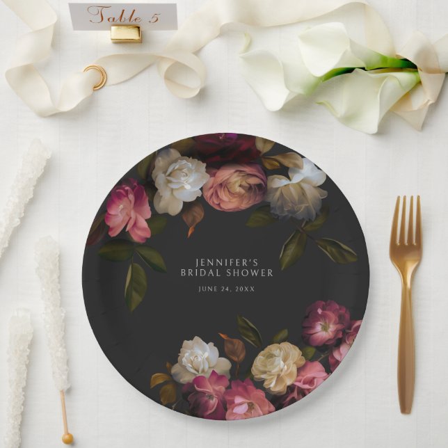 Dark Burgundy & Cream Peonies Black Shower Paper Plate (Wedding)