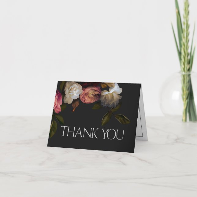 Dark Burgundy & Cream Peonies Black Shower Thank You Card (Front)