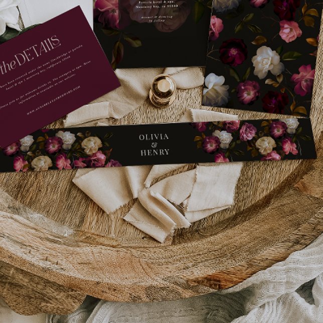 Dark Burgundy Floral Moody Black Elegant Romantic Invitation Belly Band (Creator Uploaded)