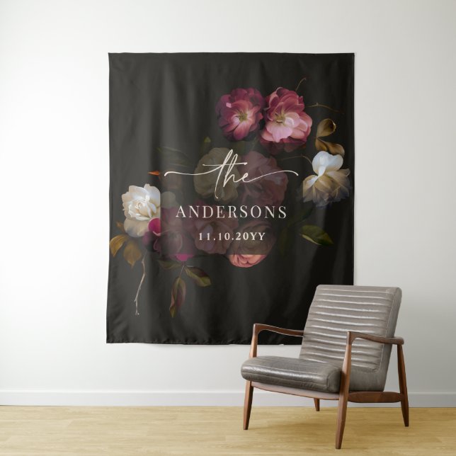 Dark Burgundy Floral Moody Romantic Welcome Sign Tapestry (In Situ)