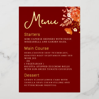 Dark Burgundy Floral Wedding Menu Gold Foil Card