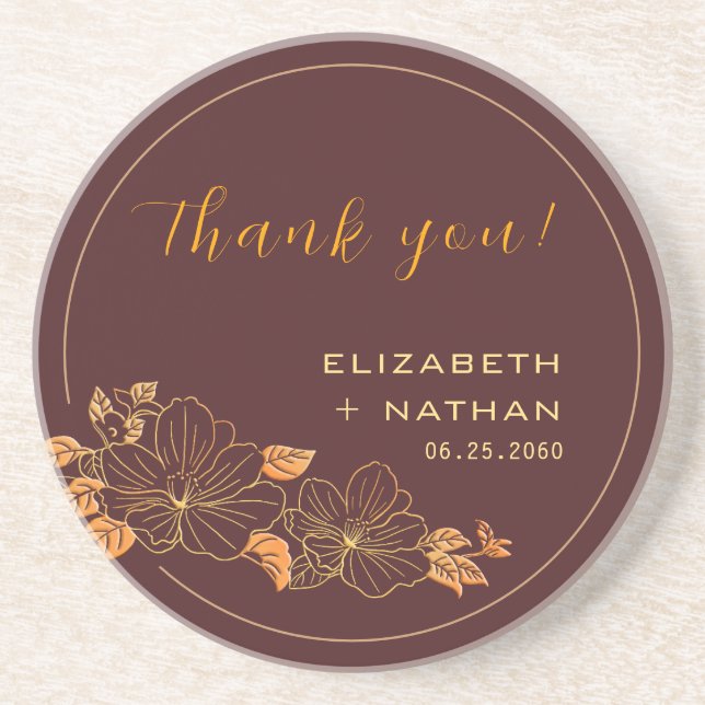 Dark Burgundy Gold Floral Wedding Thank You Gift Coaster (Front)