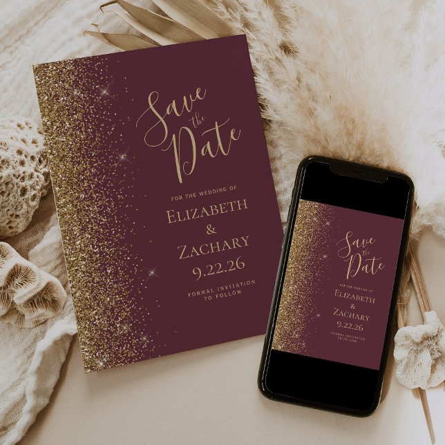 Dark Burgundy Gold Glitter Edge Save the Date Announcement (Creator Uploaded)