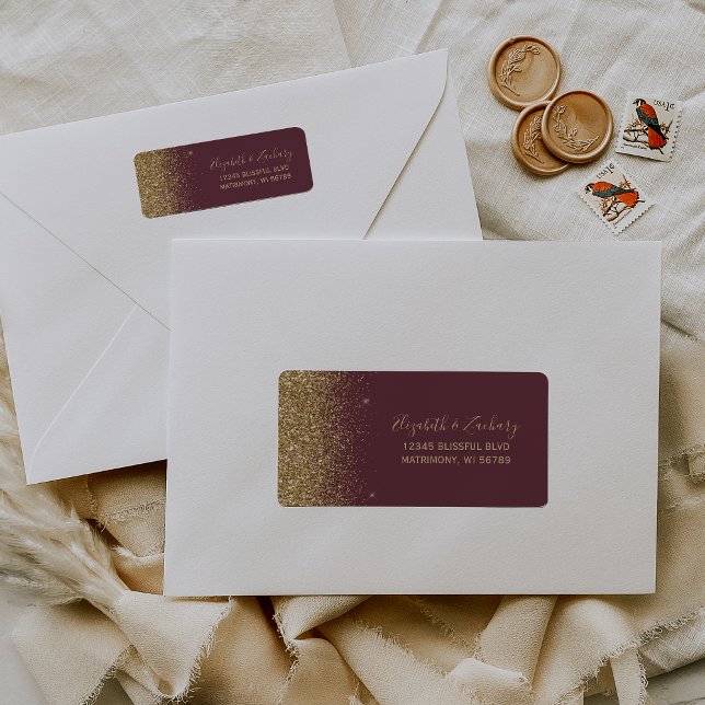 Dark Burgundy Gold Glitter Wedding Return Address (Creator Uploaded)