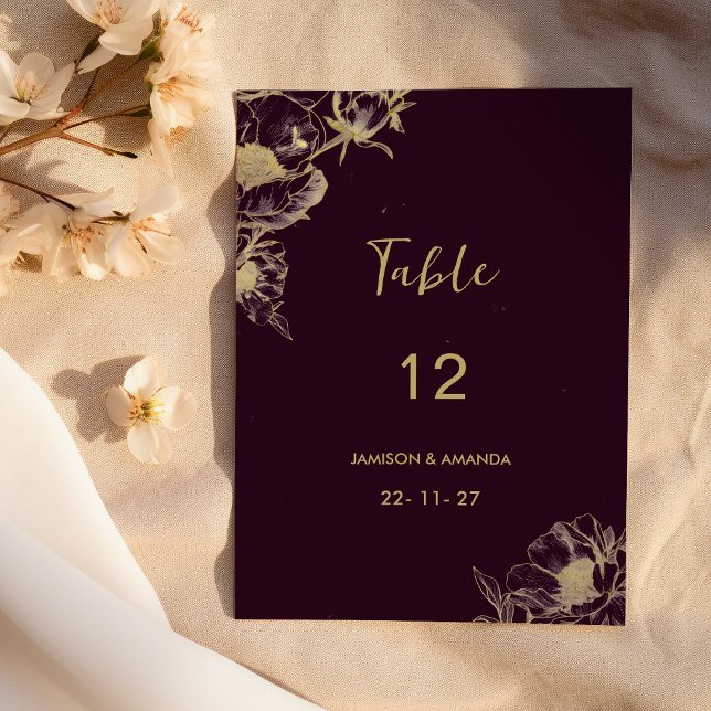 Dark burgundy gold peony floral Table Numbers  (Dark burgundy gold peony floral Table Numbers)