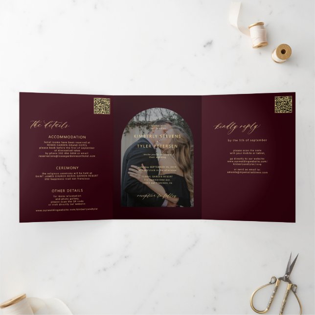 Dark burgundy gold photo wedding rsvp details Tri-Fold invitation (Inside)