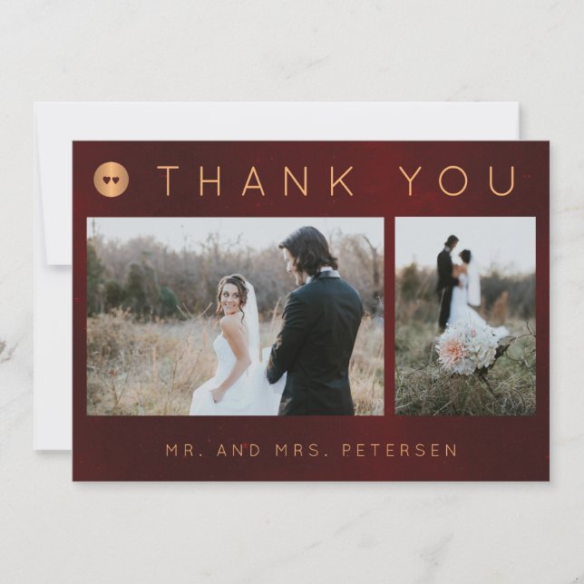 Dark burgundy gold winter wedding photo collage thank you card (Front)