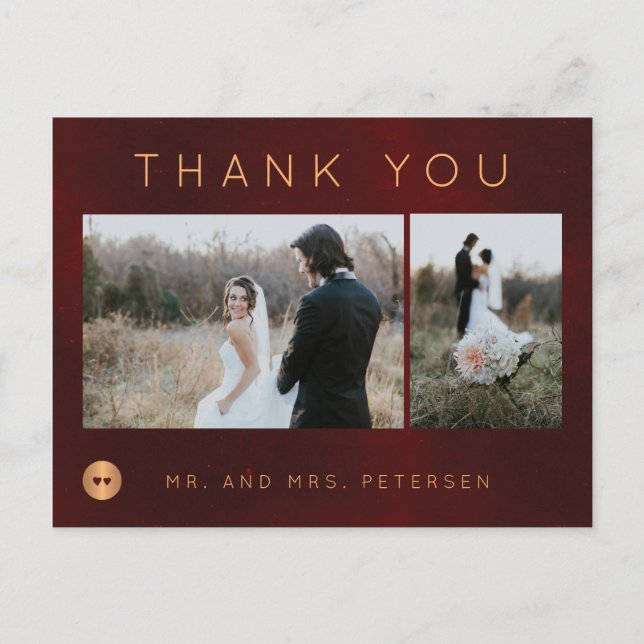 Dark burgundy gold winter wedding photo thank you postcard (Front)