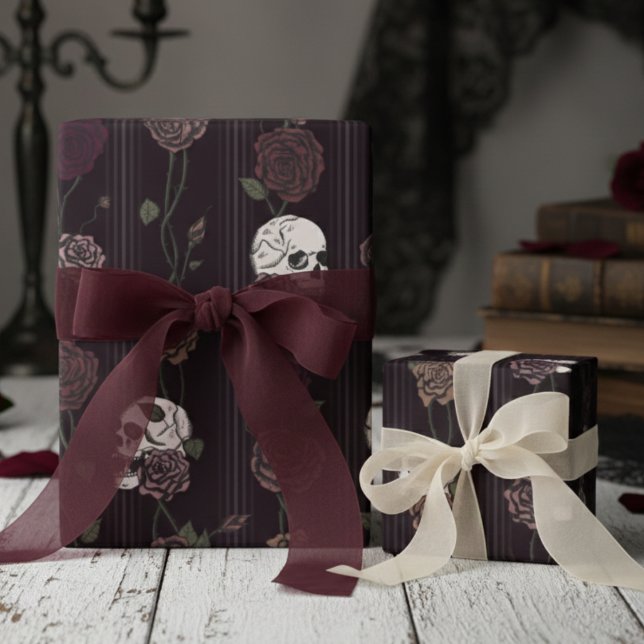 Dark Burgundy Gothic Skull & Rose Stripes Wrapping Paper (Dark Burgundy Elegant Gothic Wrapping Paper. Burgundy, Mauve, Antique Taupe Floral Rose Vine for Her)