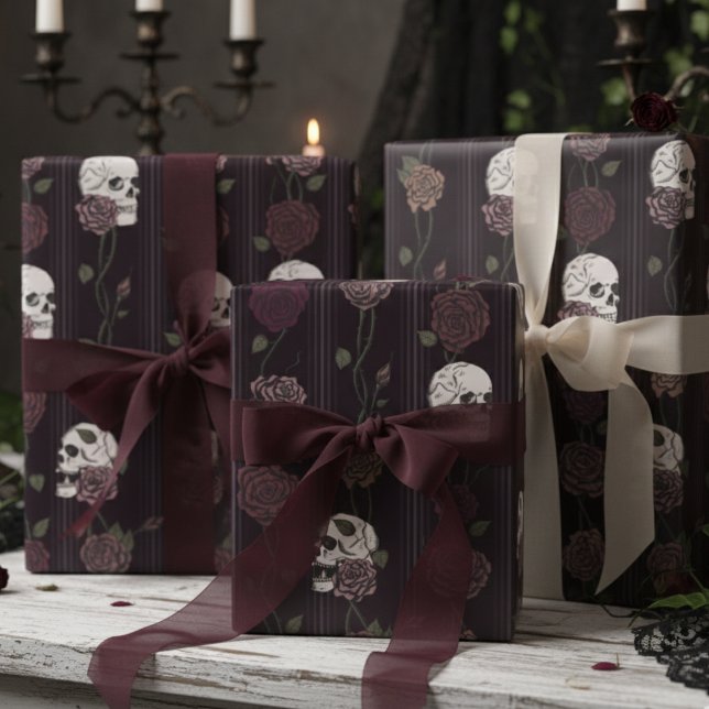 Dark Burgundy Gothic Skull & Rose Stripes Wrapping Paper (Elegant Gothic Wrapping Paper with Burgundy Dark Floral Skull  Striped Pattern. Romantic and Moody)