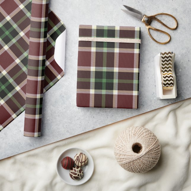 Dark Burgundy Green White Tartan Plaid Pattern Wrapping Paper (Crafts)