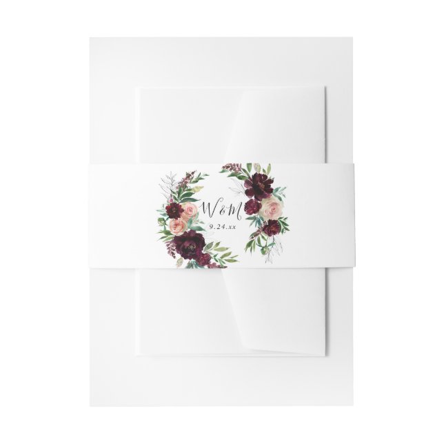 Dark Burgundy & Light Pink Blush Floral 5 Invitation Belly Band (Front Example)