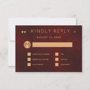 Dark burgundy metallic copper wedding meal options RSVP card