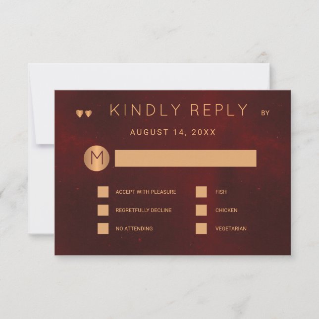 Dark burgundy metallic copper wedding meal options RSVP card (Front)