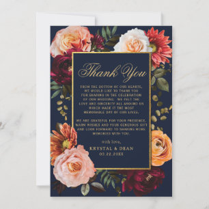 Dark Burgundy Orange Floral Navy Gold Wedding Thank You Card