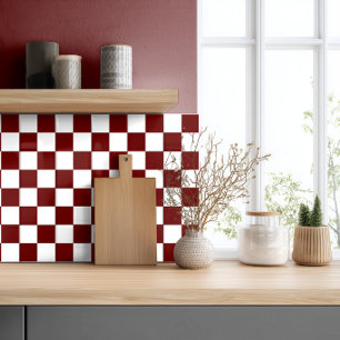 Dark Burgundy Red White Chequered Ceramic Tile