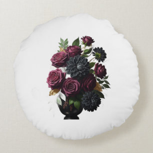Dark Burgundy Roses and Black Dahlias Round Cushion