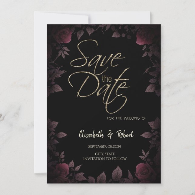  Dark Burgundy Roses Black Save The Date Card (Front)