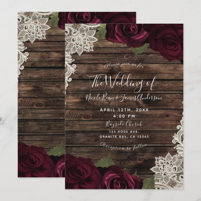 Dark Burgundy Roses Rustic Cream Lace Wedding Invitation (Front/Back)