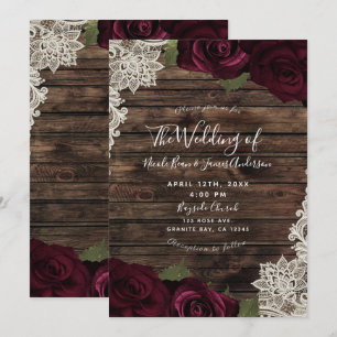 Dark Burgundy Roses Rustic Cream Lace Wedding Invitation